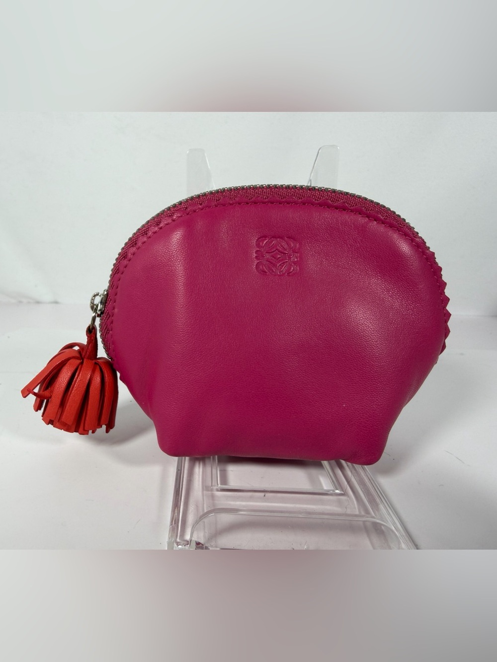 7511: Loewe Leather Coin Purse Pouch Pink Orange Tassel Made in Spain